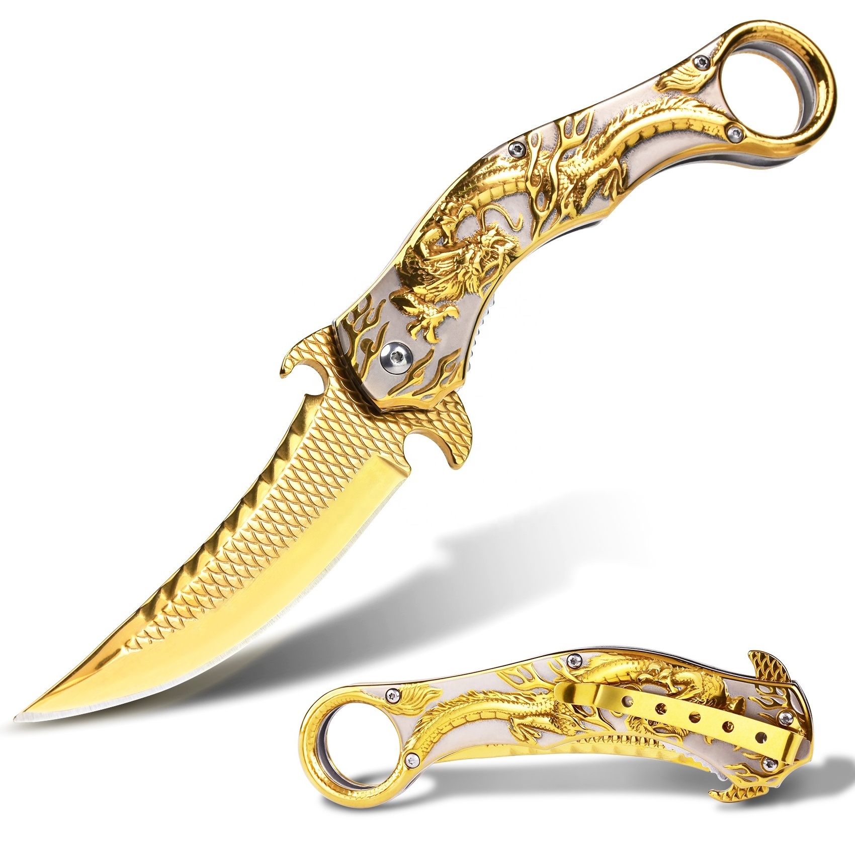 MADSMAUG 3d Embossed dragon stainless steel EDC Pocket  Knife Outdoor Survival Camping gold scorpion Folding Pocket Knife