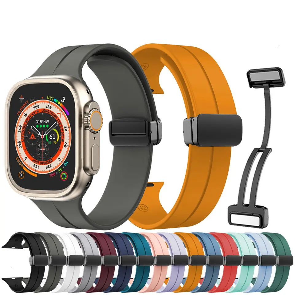 Suitable for Apple Silicone Watch with Apple Watch8 Absorber Folding Buckle Silicone  Magnetic Apple Watch Strap