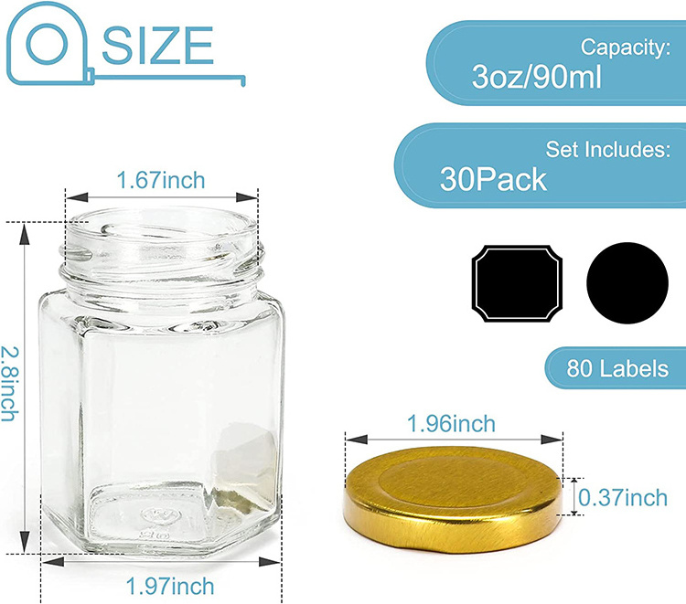 Wholesale 85ml Clear Glass Storage Jar 3 oz Hexagon Shape Clear Glass Honey Jars with Metal Lid Support Custom Logo