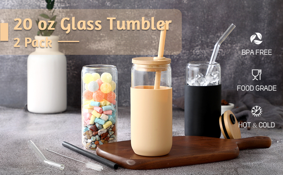 Hot selling 20oz Glass Cups Silicone Protective Sleeve Juice  Beer Can Drinking Glasses With Bamboo Lids And Straws