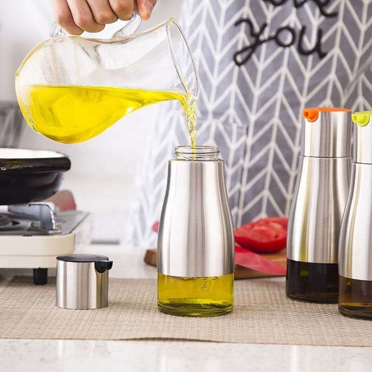 Stainless Steel Leak Proof Oil Dispenser Bottle Glass Stainless Oil And Vinegar Dispenser For Kitchen And Cooking