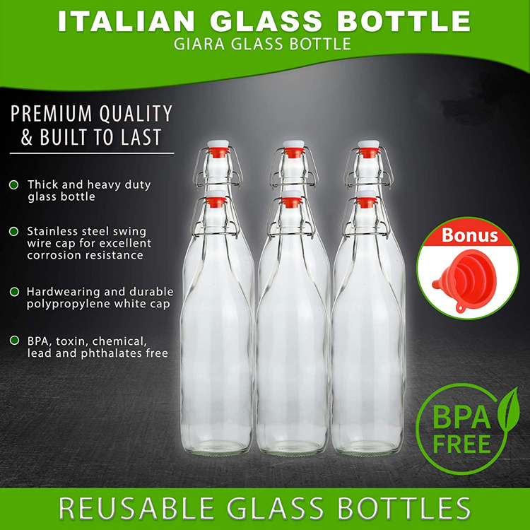 Classic 33oz Clear Glass Juice Water Wine Beer Brewing Bottle with Swing Top Lids 1 Liter Swing Top Glass Bottle