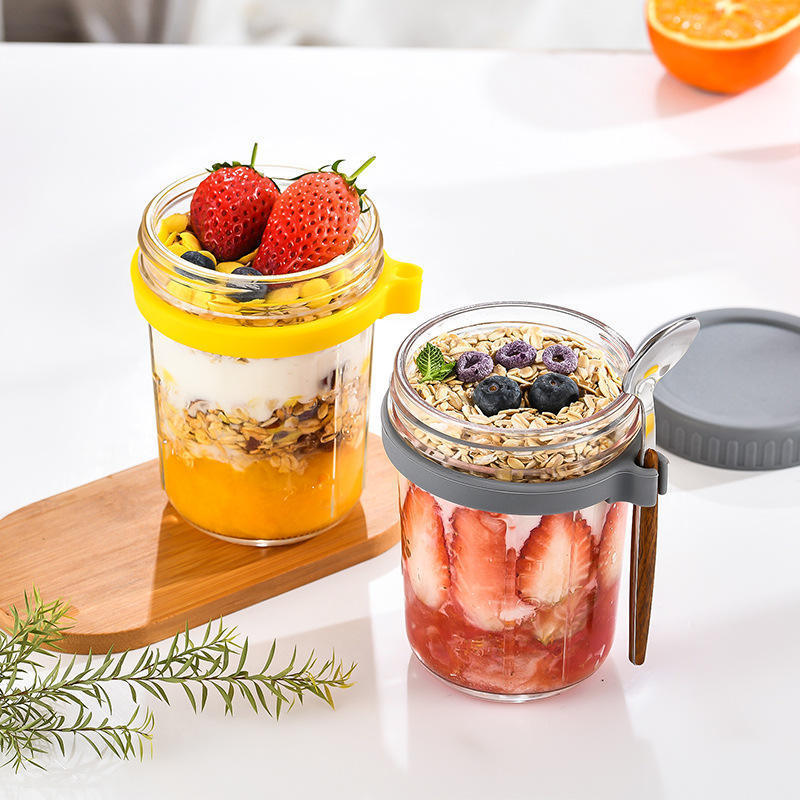 Wholesale 16oz 4pcs Pack Overnight Oats Jars Set with Lid And Spoon Airtight Mason Overnight Salad Yogurt Cup Oatmeal Container