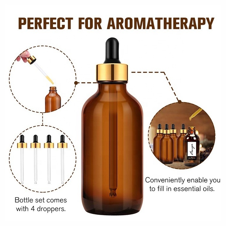 Customized 4oz 120ml Round Amber Hair Oil Cosmetic Perfume Glass Dropper Bottle for Serum Perfume Beard Hair Oils