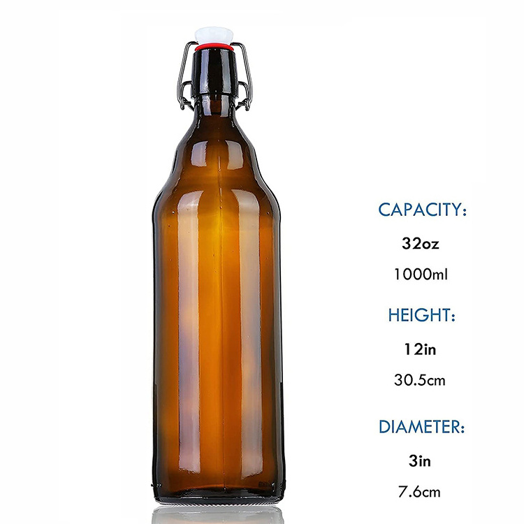 Wholesale 1000ml 33oz Amber Empty Carbonated Drinks Beverage Beer Glass Bottle 1L with Swing Top