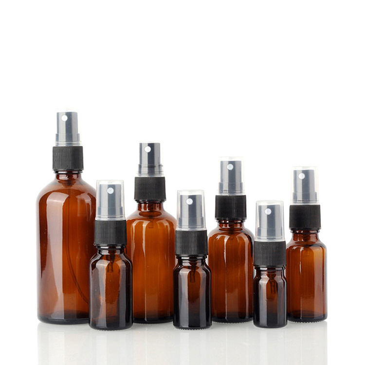 Wholesale 30ml Amber Brown Round Essential Oil Pump Sprayer Glass Bottle Empty Cosmetic Perfume Bottle with Mist Pump Sprayer