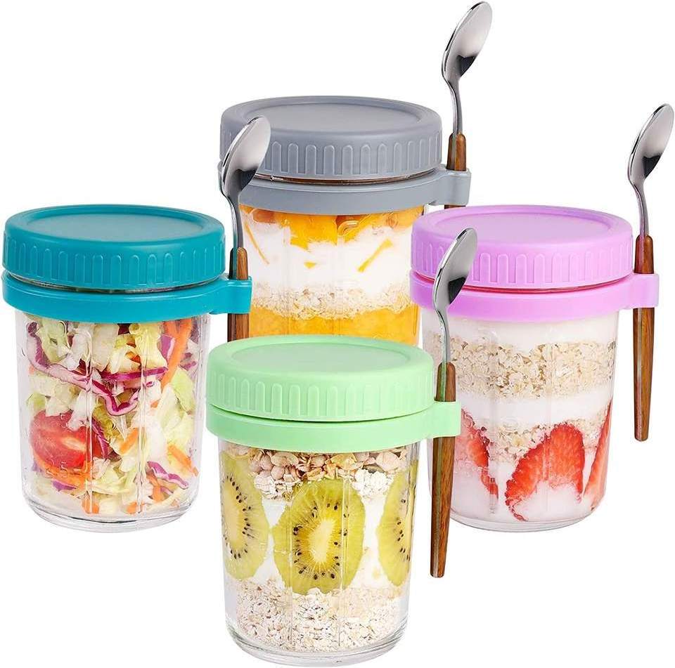 Wholesale 16oz 4pcs Pack Overnight Oats Jars Set with Lid And Spoon Airtight Mason Overnight Salad Yogurt Cup Oatmeal Container