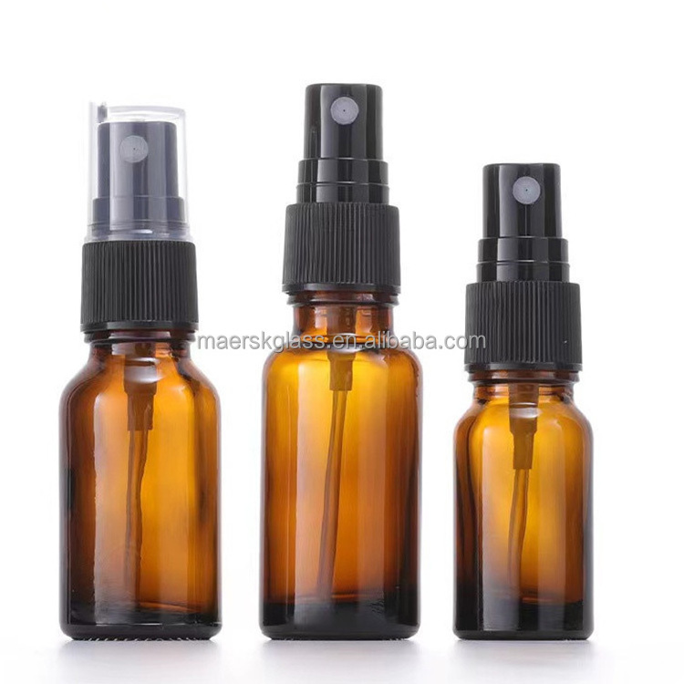 Wholesale 30ml Amber Brown Round Essential Oil Pump Sprayer Glass Bottle Empty Cosmetic Perfume Bottle with Mist Pump Sprayer