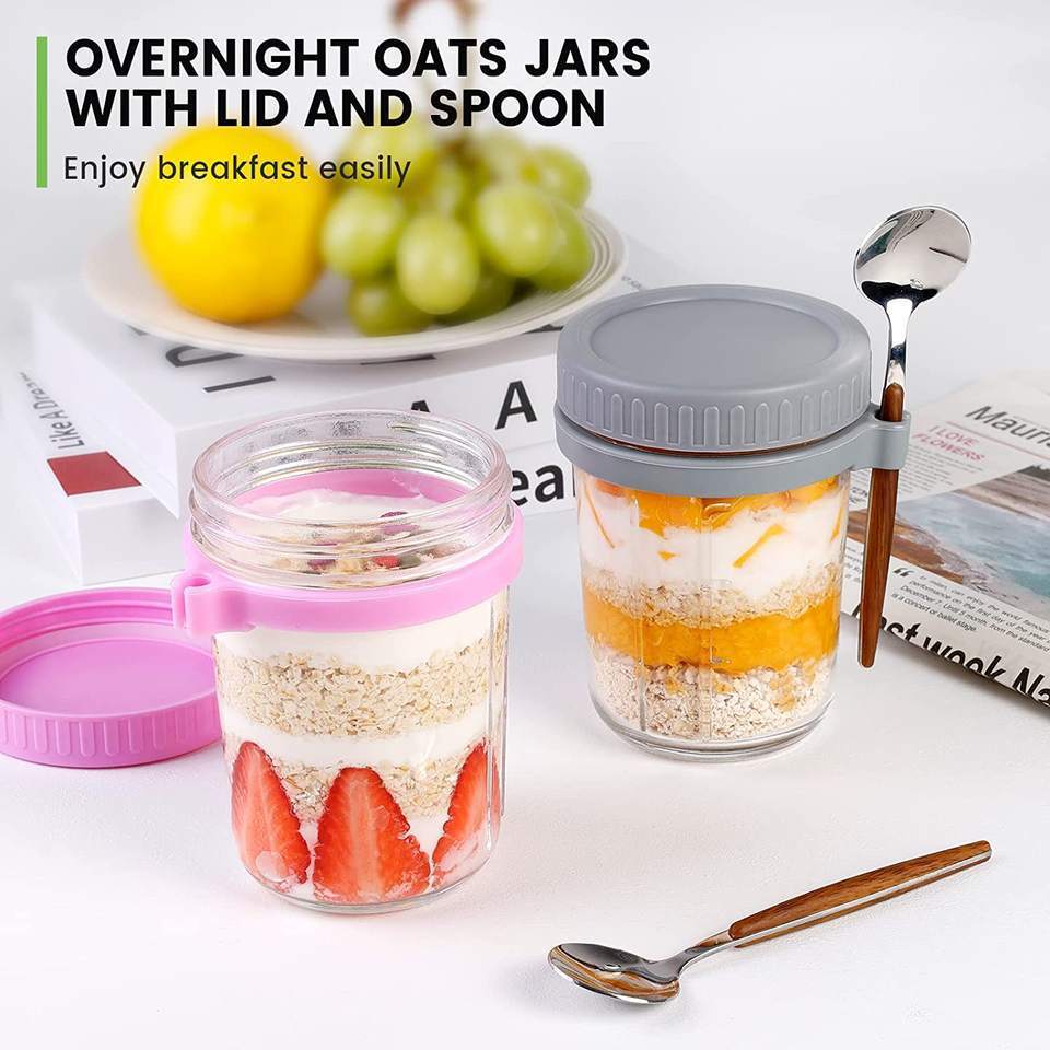 Pop 16oz Large Capacity Airtight Oatmeal Container Measurement Marks Mason Jars with Lid for Overnight Oats Glass Container