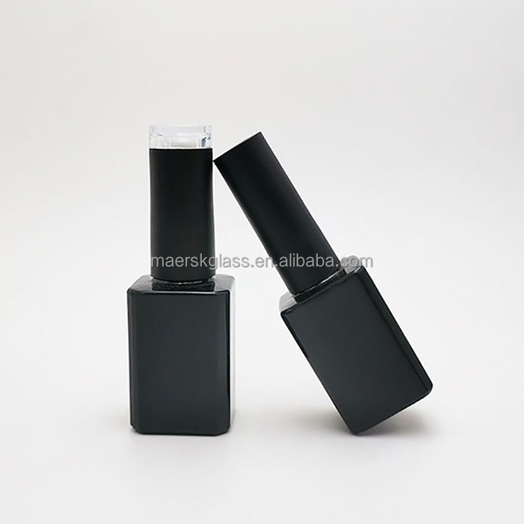 Luxury 10ml 15ml Black Square Empty Container UV Gel Paint Nail Polish Glass Bottle with Brush and Cap