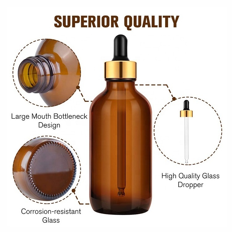 Customized 4oz 120ml Round Amber Hair Oil Cosmetic Perfume Glass Dropper Bottle for Serum Perfume Beard Hair Oils