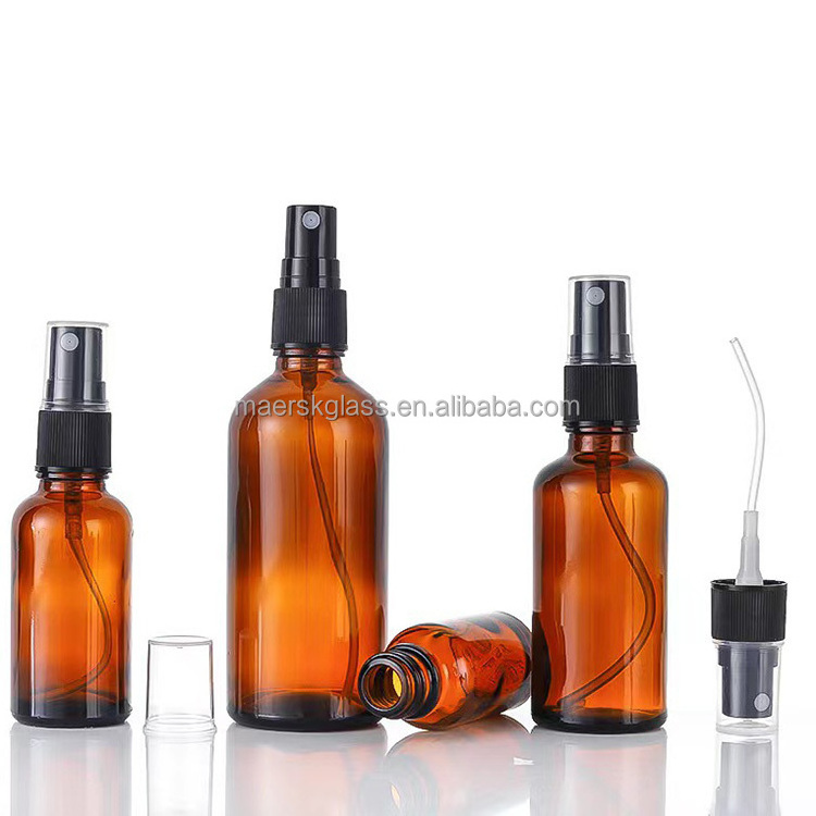 Wholesale 30ml Amber Brown Round Essential Oil Pump Sprayer Glass Bottle Empty Cosmetic Perfume Bottle with Mist Pump Sprayer