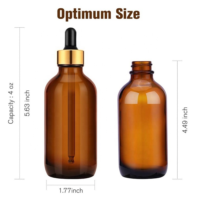 Customized 4oz 120ml Round Amber Hair Oil Cosmetic Perfume Glass Dropper Bottle for Serum Perfume Beard Hair Oils