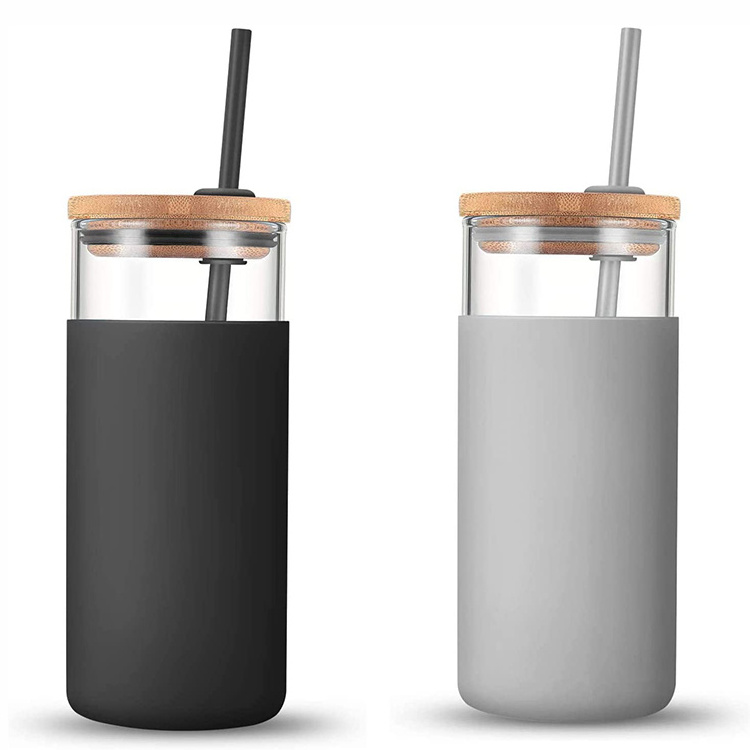 Hot selling 20oz Glass Cups Silicone Protective Sleeve Juice  Beer Can Drinking Glasses With Bamboo Lids And Straws