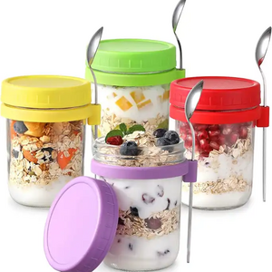 Wholesale 16oz 4pcs Pack Overnight Oats Jars Set with Lid And Spoon Airtight Mason Overnight Salad Yogurt Cup Oatmeal Container