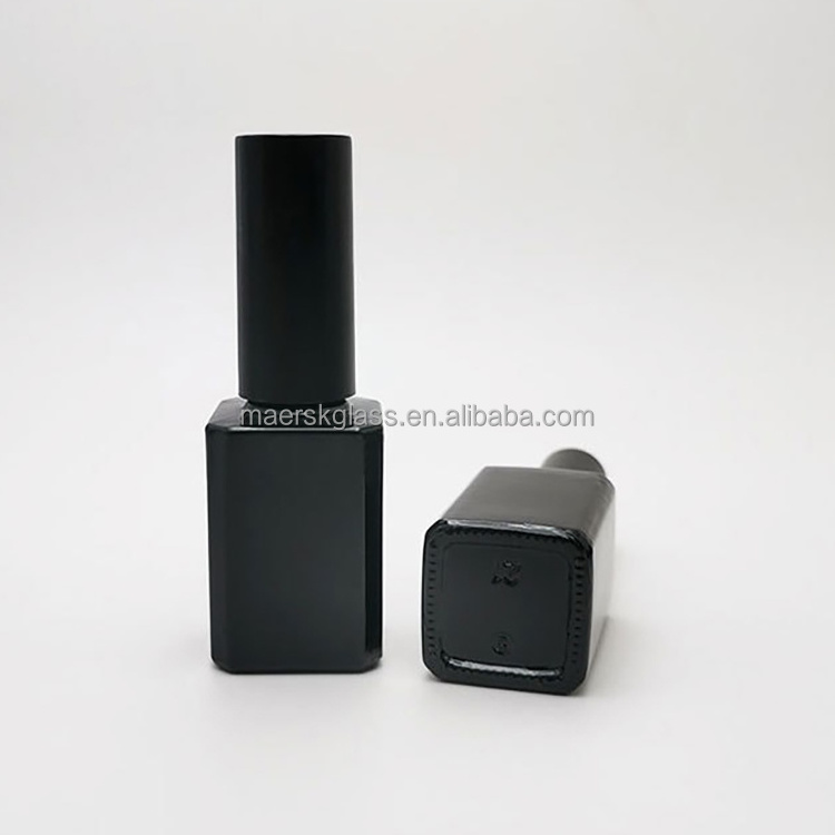 Luxury 10ml 15ml Black Square Empty Container UV Gel Paint Nail Polish Glass Bottle with Brush and Cap