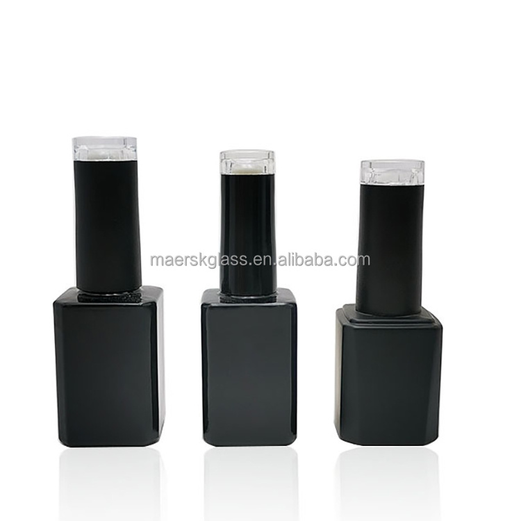 Luxury 10ml 15ml Black Square Empty Container UV Gel Paint Nail Polish Glass Bottle with Brush and Cap