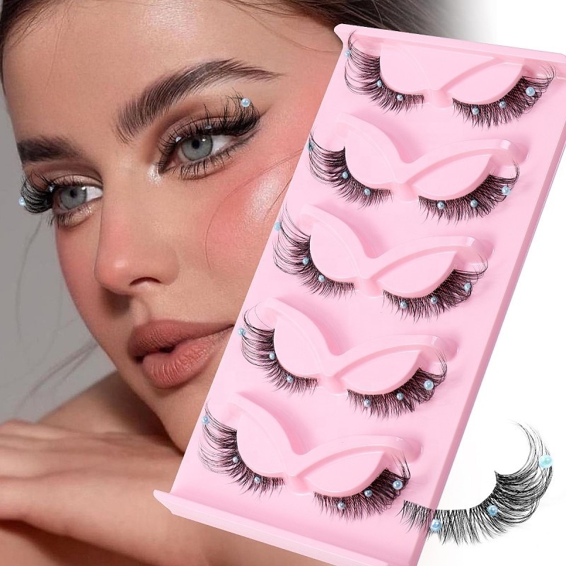 MAGEFY private label 5 pairs clear band pearl decoration cat eye lashes faux mink fox eye strip false eyelashes wholesale