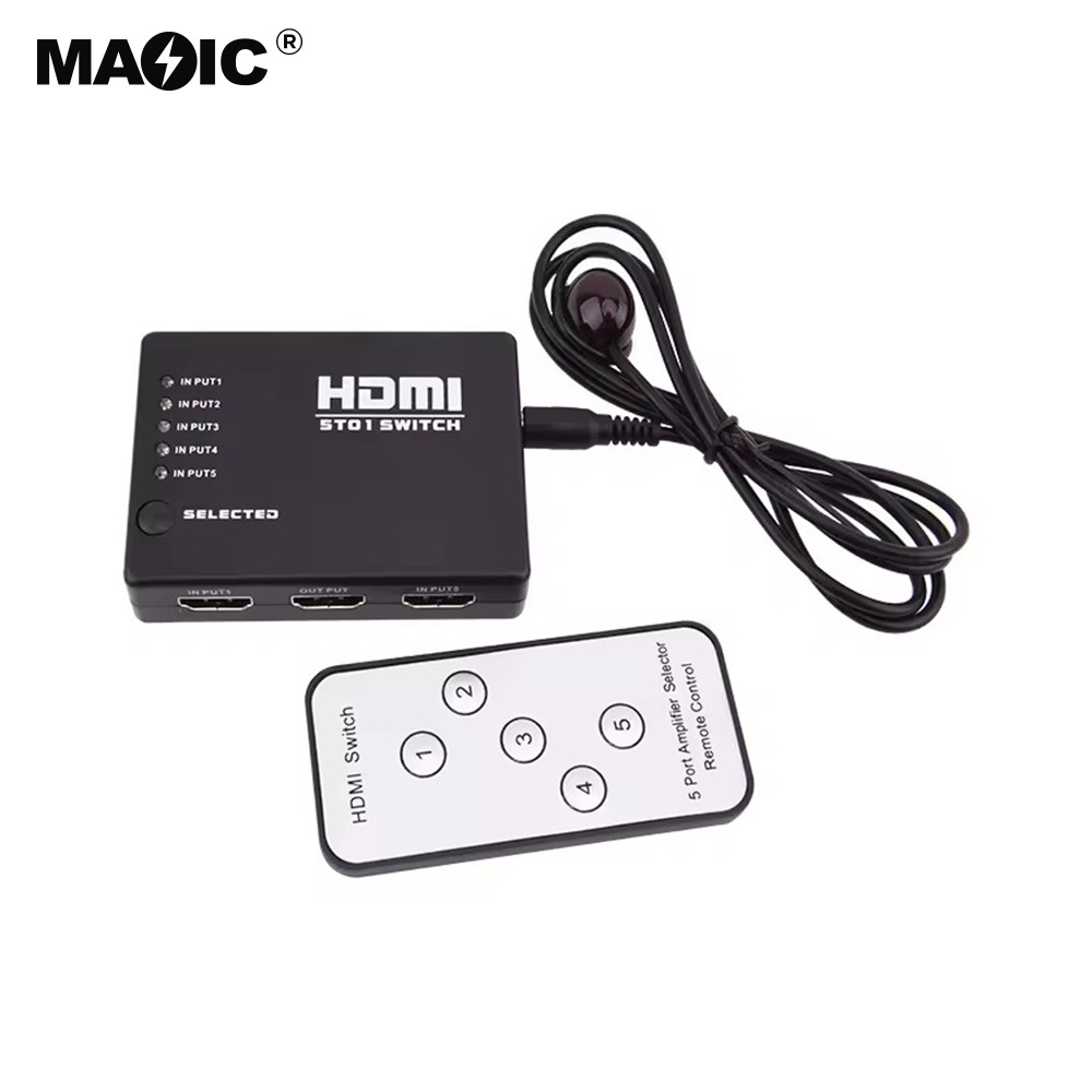 Factory 5x1 MINI HDMI Splitter 5 Port Hub Box Auto Switch 5 Input 1 Output hdmi Switcher 3D 1080p HD With Remote Control