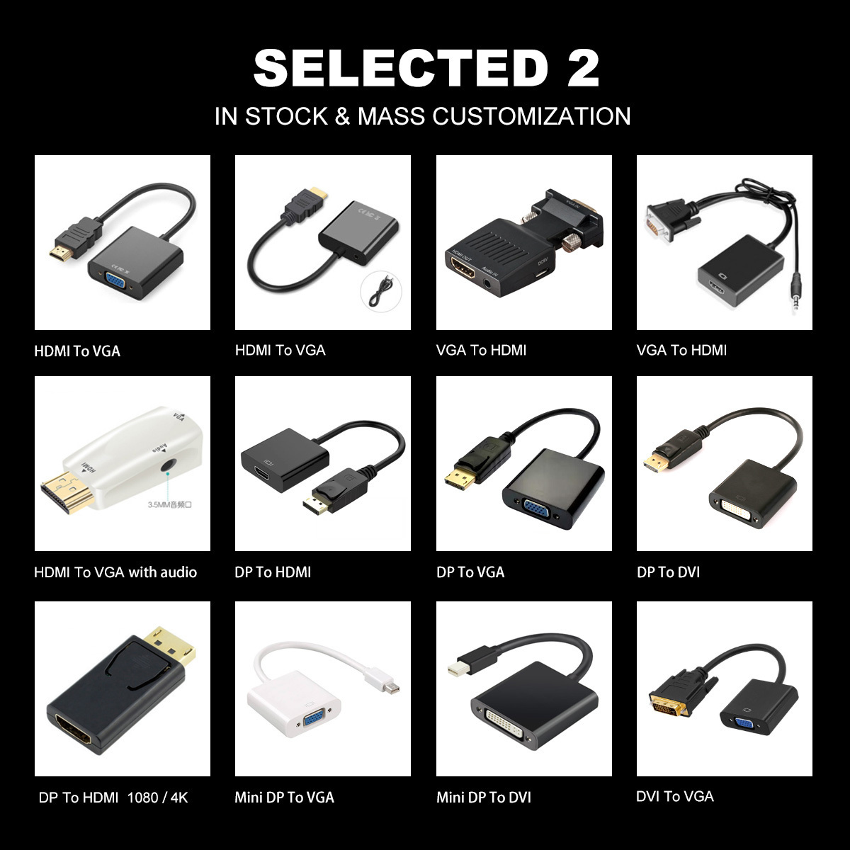 Professional Gold supplier OEM Product HDMI VGA DVI TYPE-C USB Displayport SATA Cable and Adapter Converter Support 1080P 4K 3D