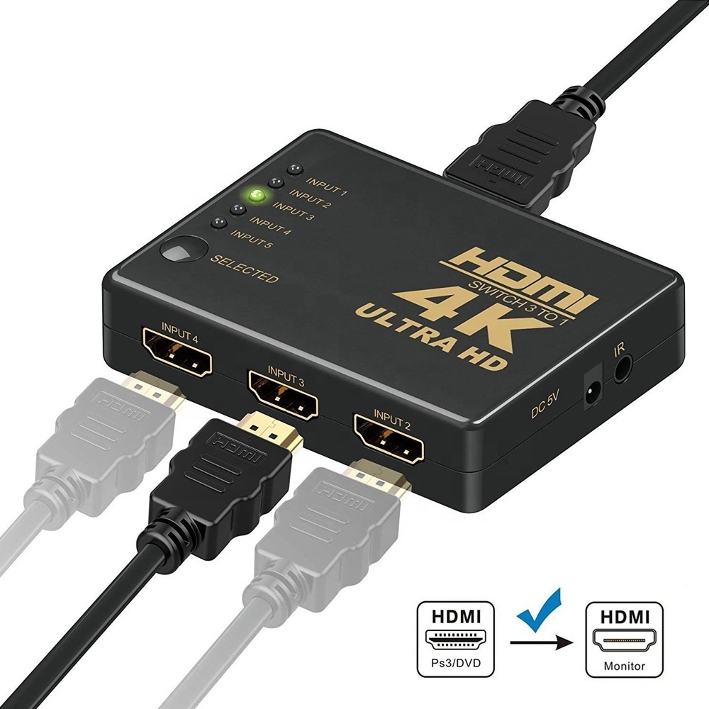 HDMI Switch splitter,Intelligent 5-Port HDMI Switch Supports 4K, Full HD1080p, 3D with IR RF Remote digital video switcher hdmi