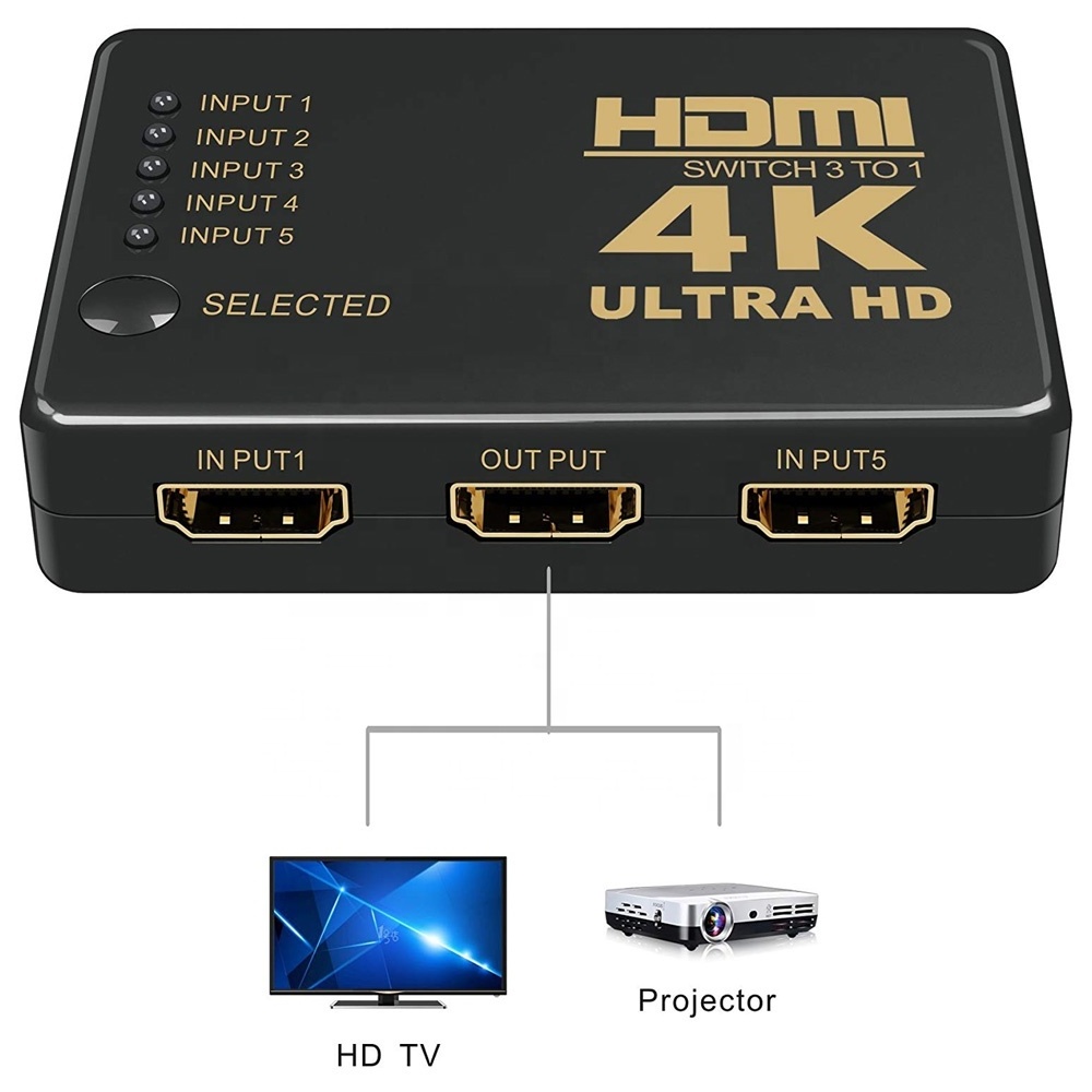 HDMI Switch splitter,Intelligent 5-Port HDMI Switch Supports 4K, Full HD1080p, 3D with IR RF Remote digital video switcher hdmi