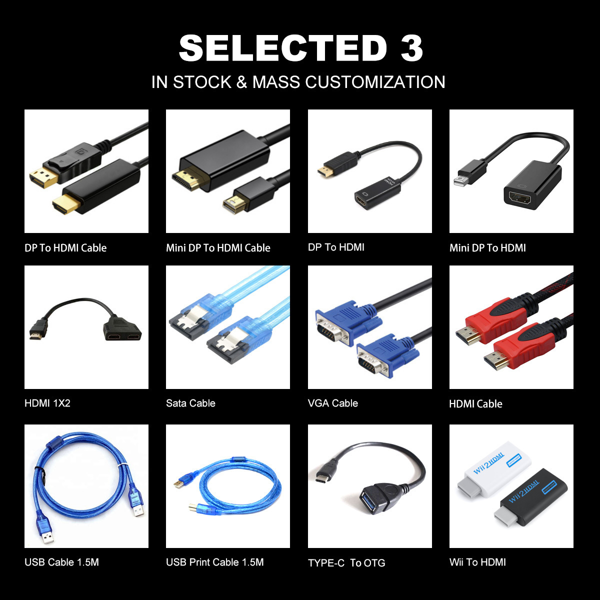 Professional Gold supplier OEM Product HDMI VGA DVI TYPE-C USB Displayport SATA Cable and Adapter Converter Support 1080P 4K 3D