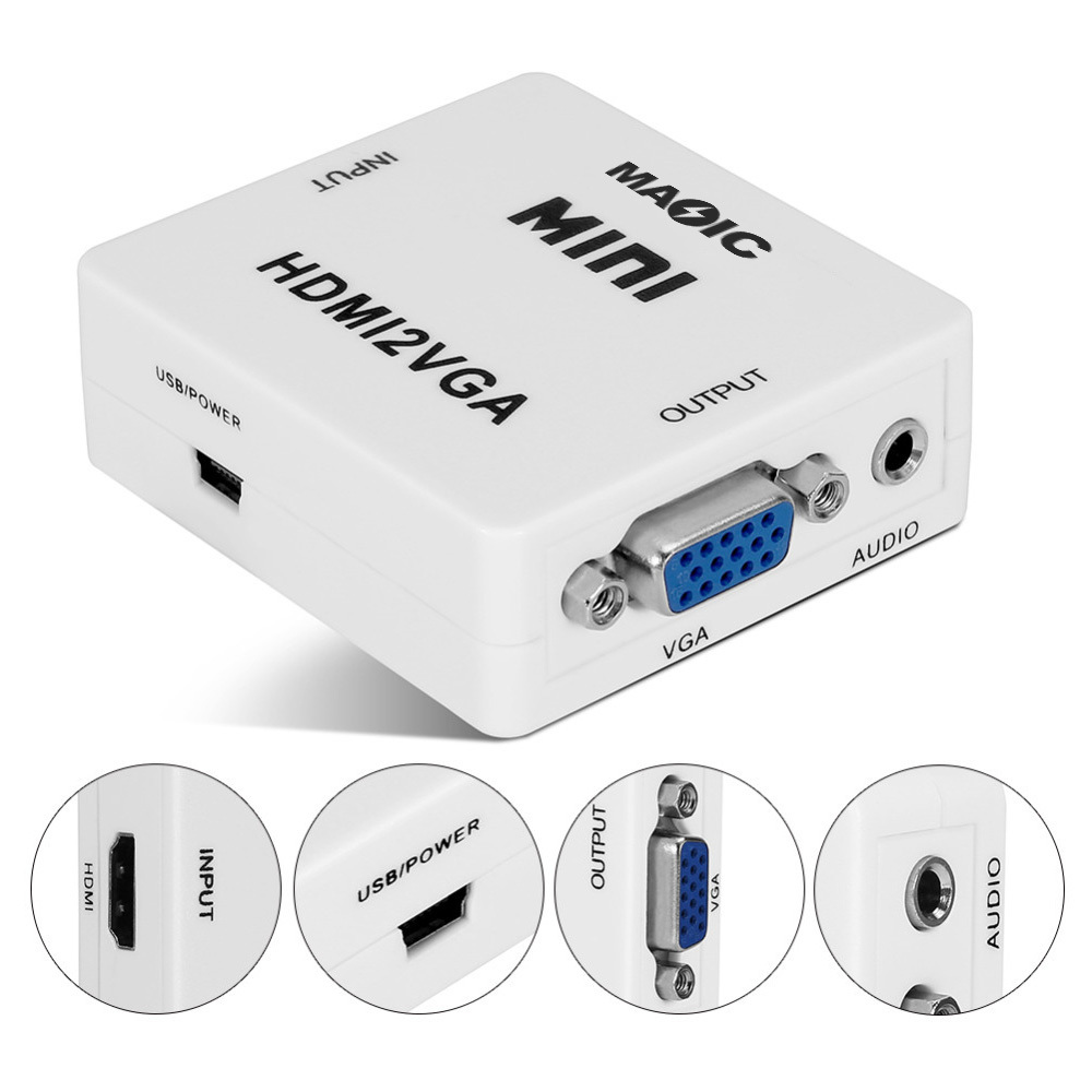 White Black OEM Mini HDMI to VGA Converter with Audio HDMI2VGA 1080P Adapter Connector for PC Laptop to HDTV Projector