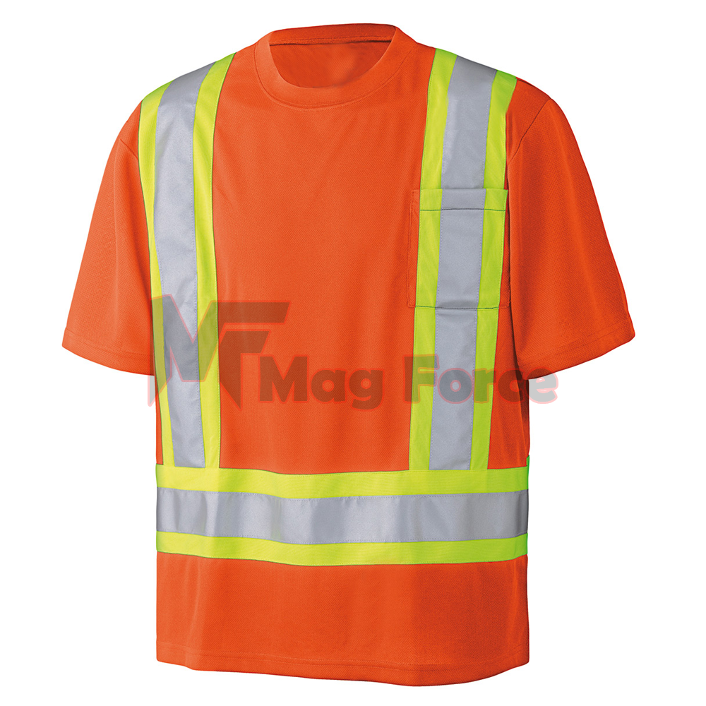 Breathable 100% Polyester Hi Vis Reflective Short Sleeve Safety Shirts With Front Pocket Working Safety Jacket