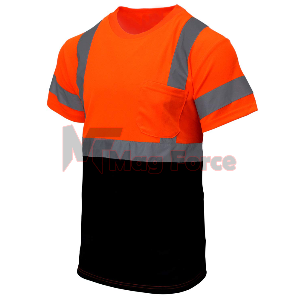 Breathable 100% Polyester Hi Vis Reflective Short Sleeve Safety Shirts With Front Pocket Working Safety Jacket