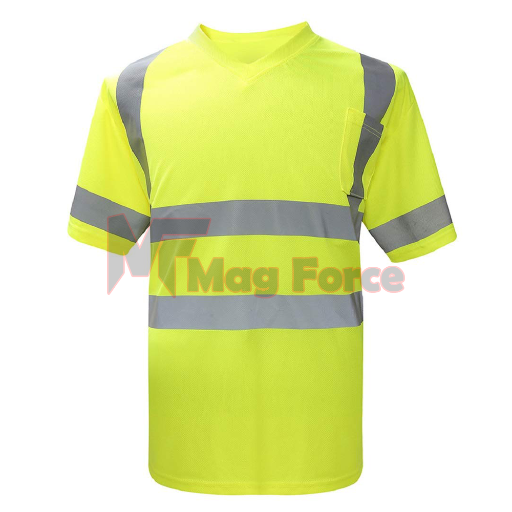 Breathable 100% Polyester Hi Vis Reflective Short Sleeve Safety Shirts With Front Pocket Working Safety Jacket