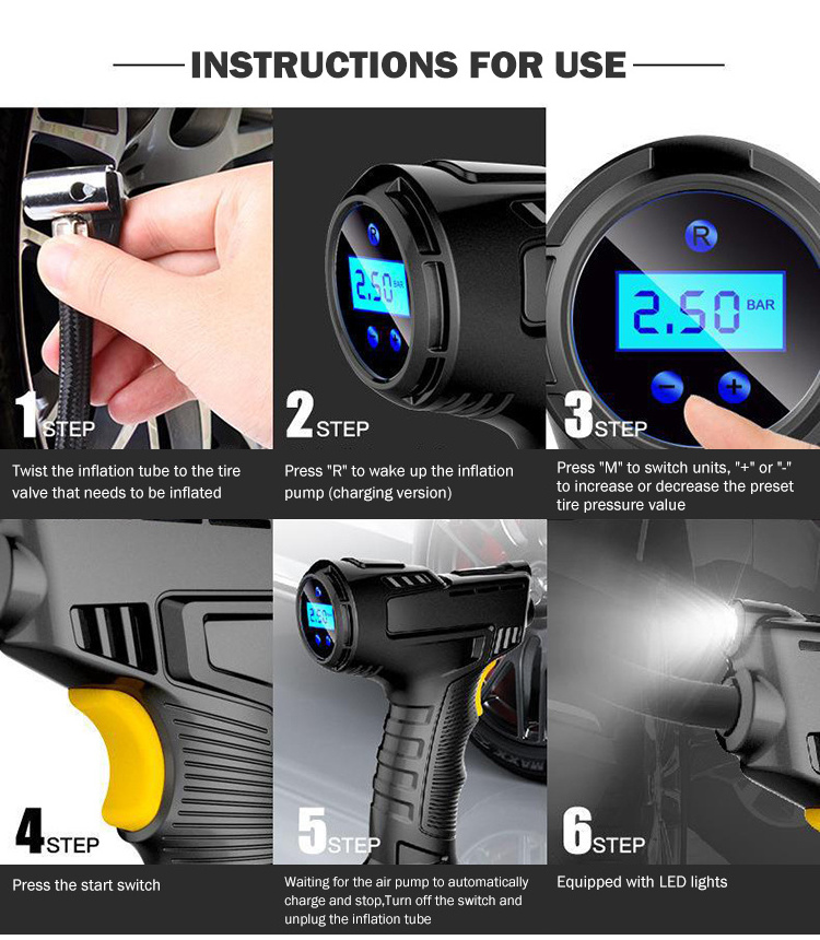 150psi Rechargeable Handheld Electric Digital Tire Pump 12V Cordless Air Compressor with Three Nozzles and LED Light