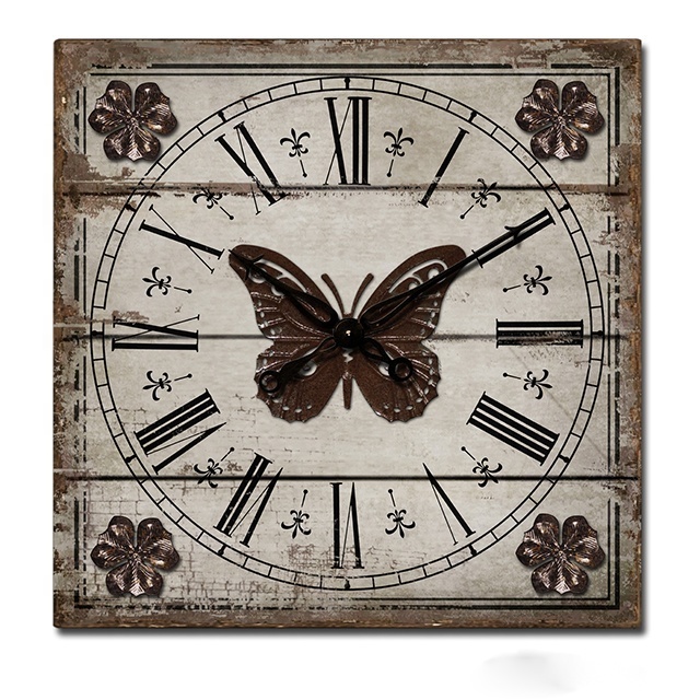 Shabby Butterfly Hanging On The Wall Wood Clock