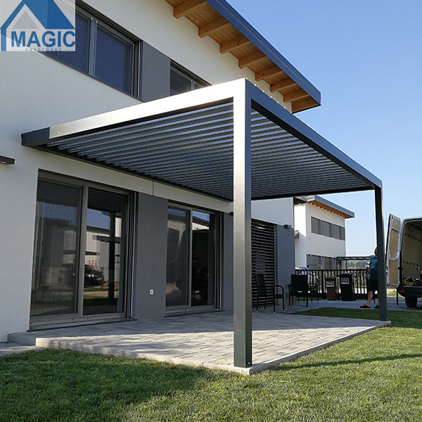 Powder Coated Pergola Electric Remote Control Villa Louvre Roof Gazebo With Sliding Glass Door