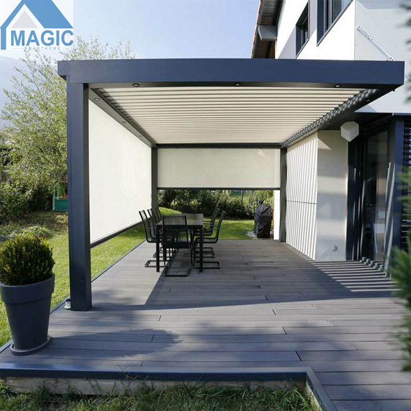 Powder Coated Pergola Electric Remote Control Villa Louvre Roof Gazebo With Sliding Glass Door