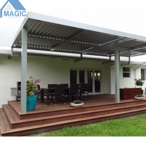 Powder Coated Pergola Electric Remote Control Villa Louvre Roof Gazebo With Sliding Glass Door