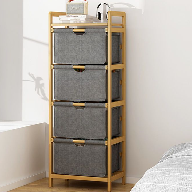 Basket Storage Drawers Unit - 3-Tier Bathroom Dresser Tower Organizer with Bamboo Frame and Pull-Out Fabric Baskets