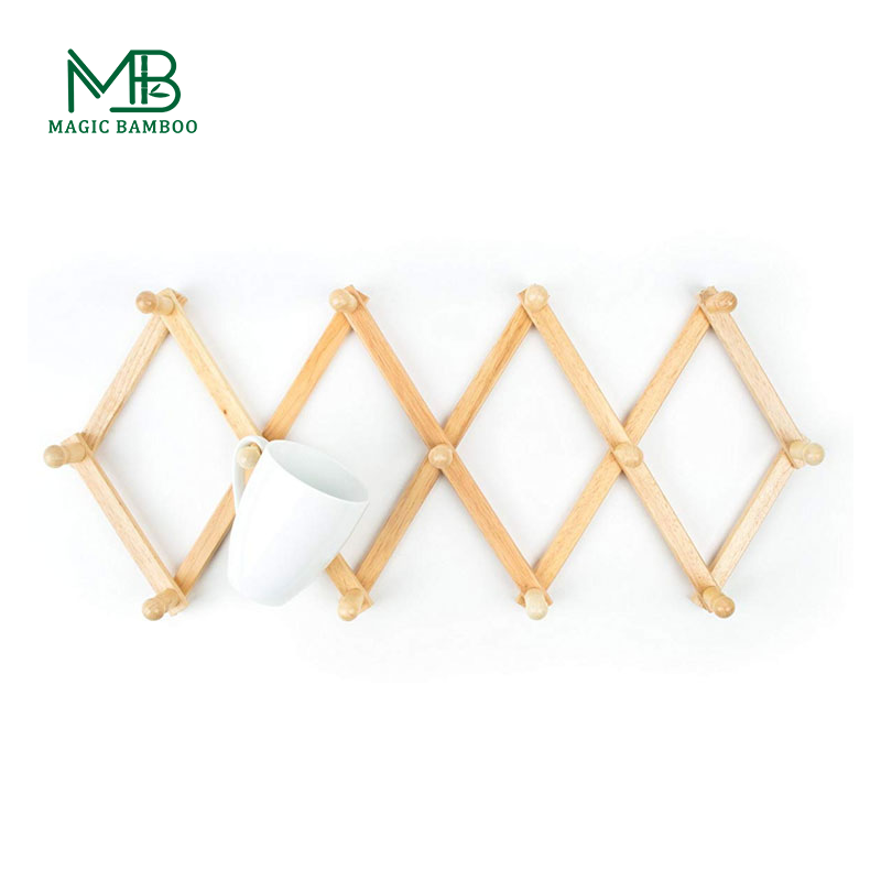 Accordion Style Expandable Wall Bamboo Coat Rack 13 Hooks (Pegs) Hang Hats Jackets Coffee Mug Purses Necklaces Towels Cap