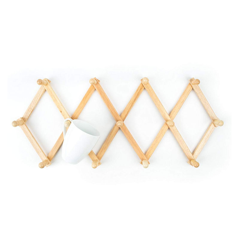 Accordion Style Expandable Wall Bamboo Coat Rack 13 Hooks (Pegs) Hang Hats Jackets Coffee Mug Purses Necklaces Towels Cap