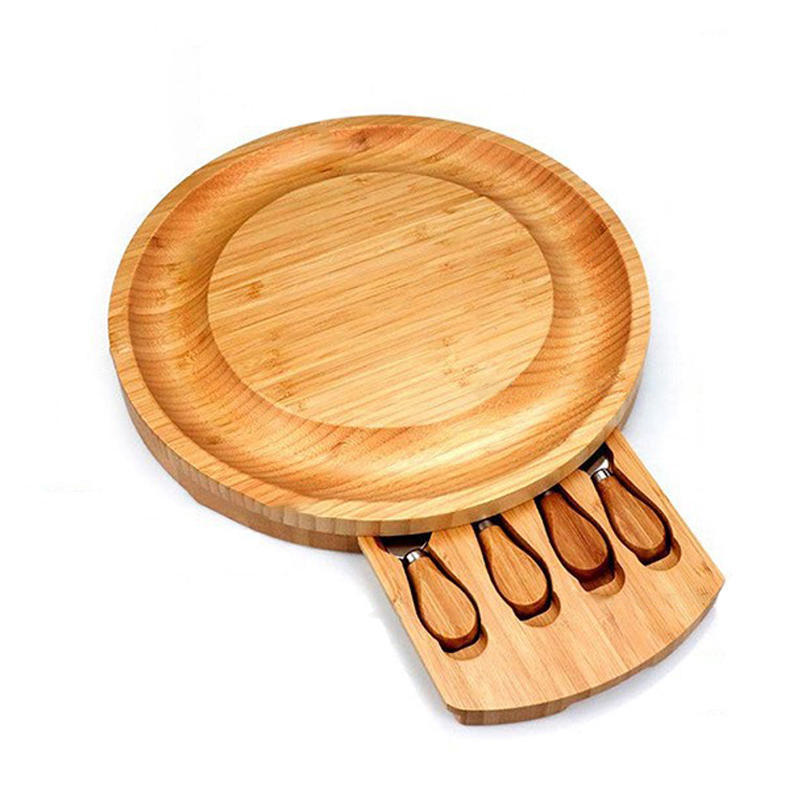 Charcuterie Platter Serving Tray With Slide-out Drawer for Wine Crackers Brie Meat Round Bamboo Cheese Board and Knife Set