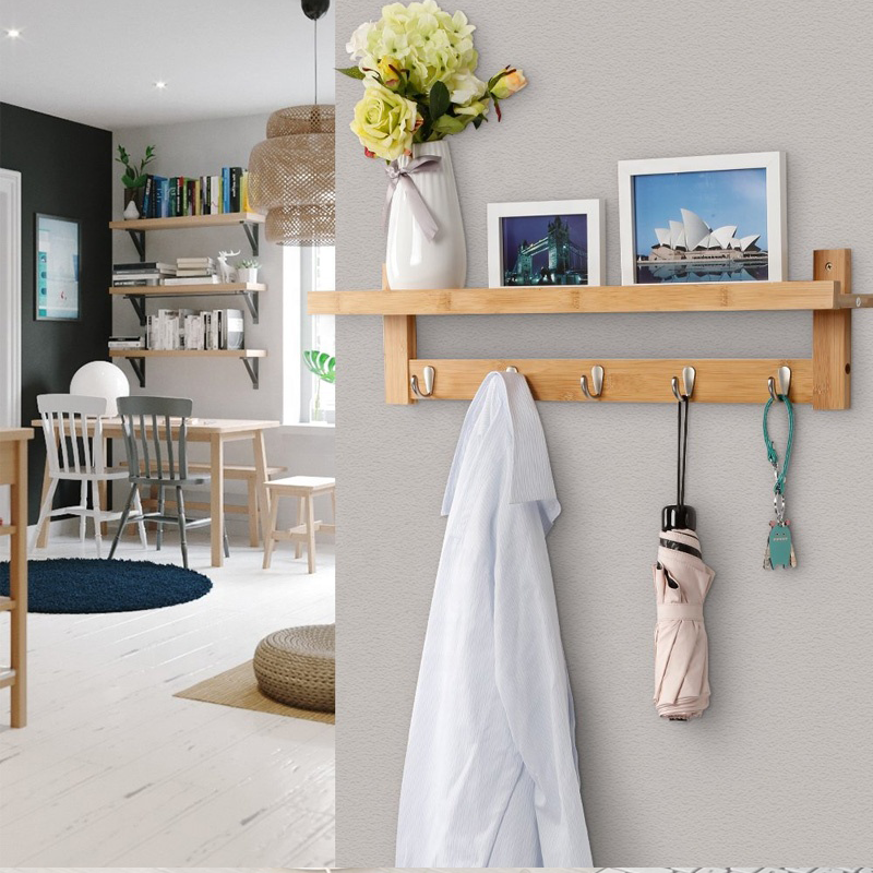 Eco-Friendly Bamboo Wall-Mounted Coat Hook Rack with Upper Storage Shelf Ideal for Entryways