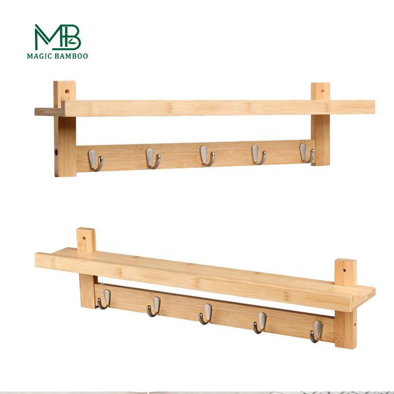 Eco-Friendly Bamboo Wall-Mounted Coat Hook Rack with Upper Storage Shelf Ideal for Entryways