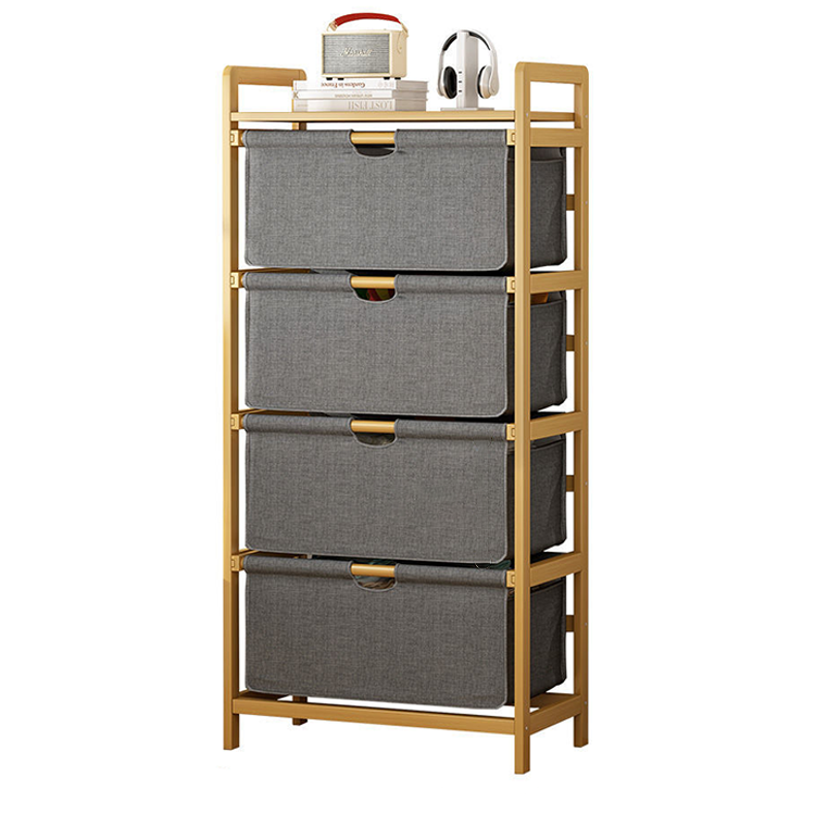 Basket Storage Drawers Unit - 3-Tier Bathroom Dresser Tower Organizer with Bamboo Frame and Pull-Out Fabric Baskets