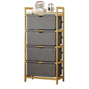 Basket Storage Drawers Unit - 3-Tier Bathroom Dresser Tower Organizer with Bamboo Frame and Pull-Out Fabric Baskets