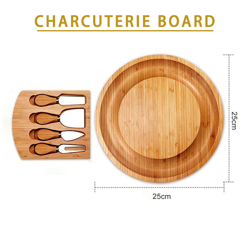 Charcuterie Platter Serving Tray With Slide-out Drawer for Wine Crackers Brie Meat Round Bamboo Cheese Board and Knife Set