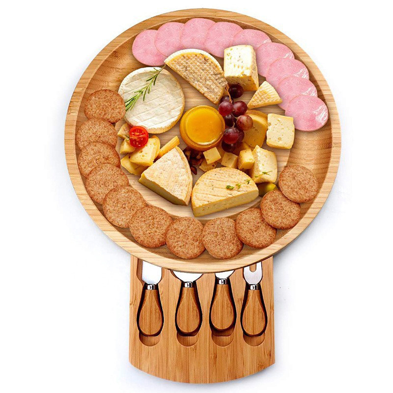 Charcuterie Platter Serving Tray With Slide-out Drawer for Wine Crackers Brie Meat Round Bamboo Cheese Board and Knife Set