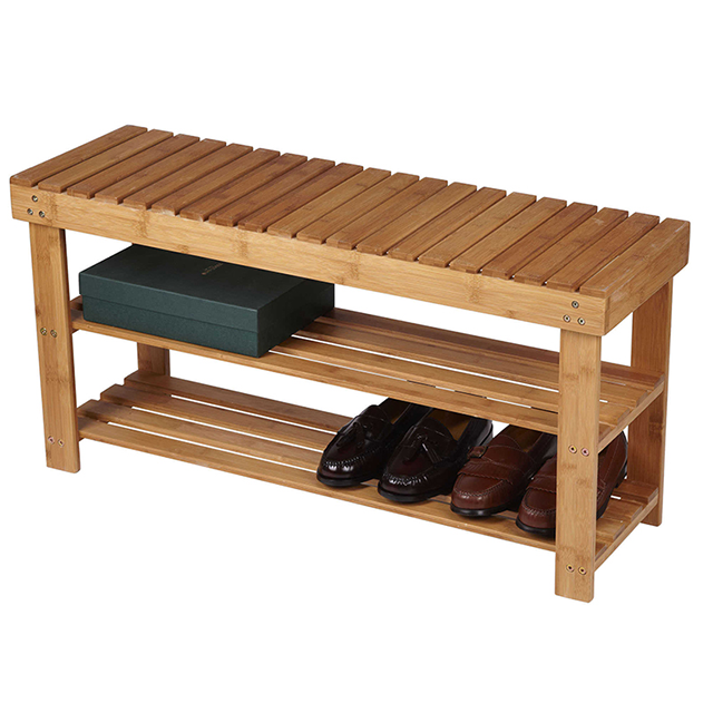 Home Furniture Bamboo 3 Tier Shoe Bench Boot Organizing Shoe Rack Entryway Storage