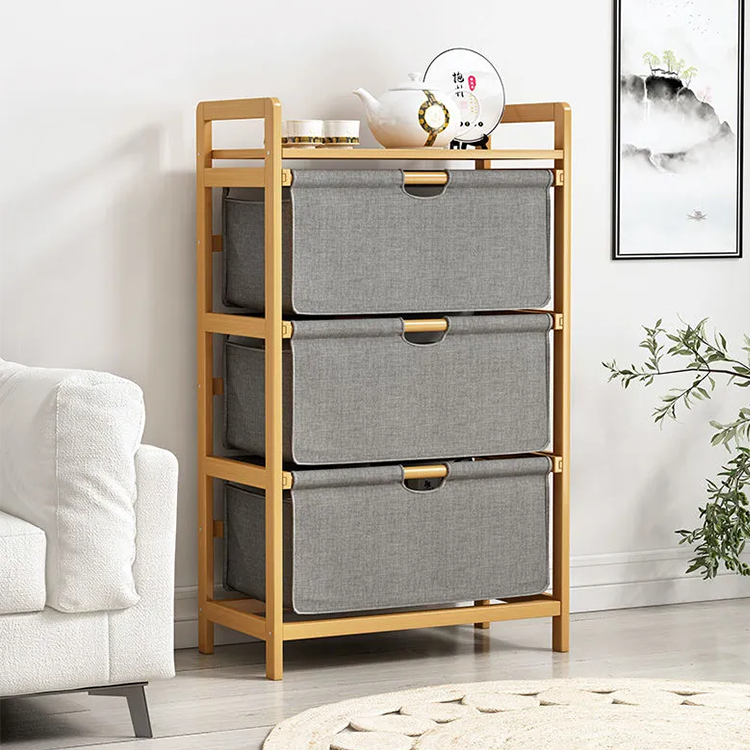 Basket Storage Drawers Unit - 3-Tier Bathroom Dresser Tower Organizer with Bamboo Frame and Pull-Out Fabric Baskets