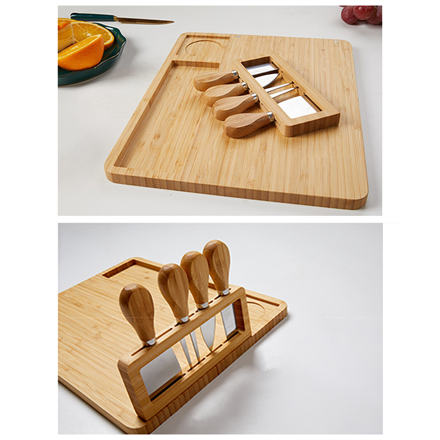 High Quality Tray Bamboo Cheese Board Set with Cutlery in Slide Bamboo Serving Tray