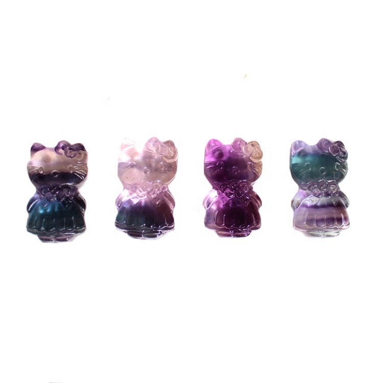 Hand Carved Natural Rainbow Fluorite Quartz Crystal Hello Kitty For Pendant